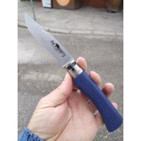 Нож "Old Bear", Син, XL, пълноцветна линия с цветна ламинирана дървена дръжка, острие от "неръждаема" стомана и никелирана месингова яка Нож "Old Bear", Син, XL, пълноцветна линия с цветна ламинирана дървена дръжка, острие от "неръждаема" стомана и никелирана месингова яка